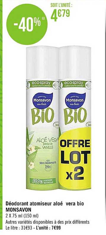 Déodorant Atomiseur Aloé Vera Bio Monsavon