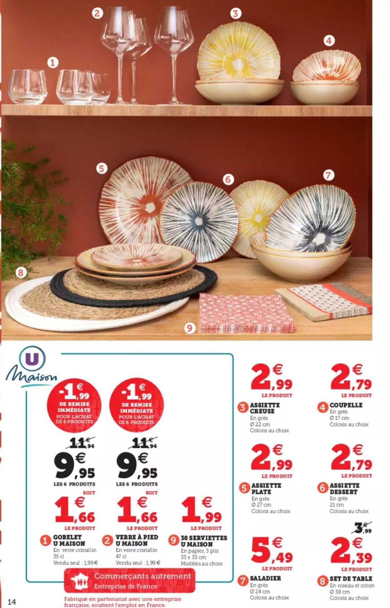 Gobelet U Maison, Verre à Pied U Maison, 30 Serviettes U Maison, Assiette Creuse, Coupelle, Assiette Plate, Assiette Dessert, Saladier, Set De Table