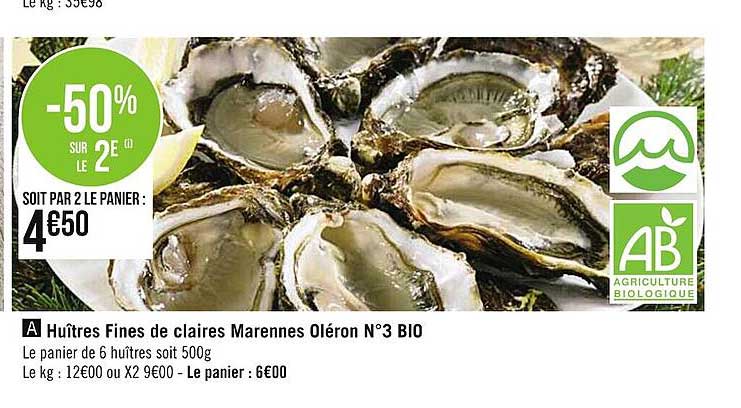 huîtres fines de claires marennes oléron n°3 bio