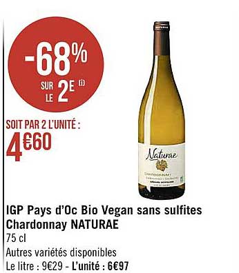 igp pays d'oc bio vegan sans sulfites chardonnay naturaé