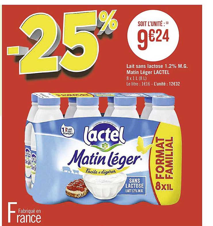 lait sans lactose 1.2% m.g. matin léger lactel