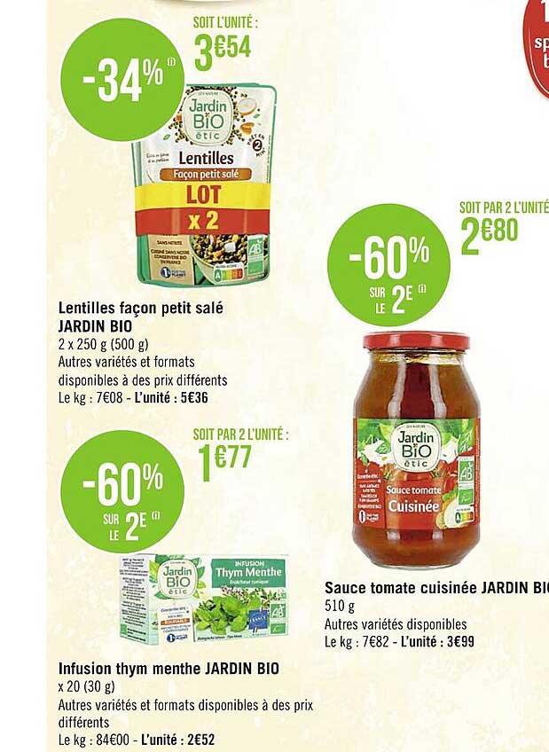 lentilles façon petit salé jardin bio, infusion thym menthe jardin bio, sauce tomate cuisinée jardin bio