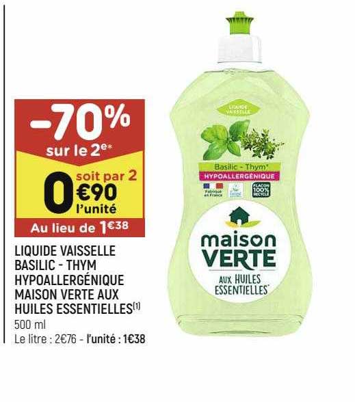Liquide Vaisselle Basilic - Thym Hypoallergénique Maison Verte Aux Huiles Essentielles