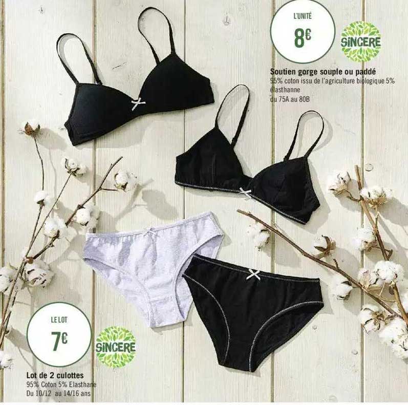 lot de 2 culottes sincère, soutien gorge souple ou paddé sincère
