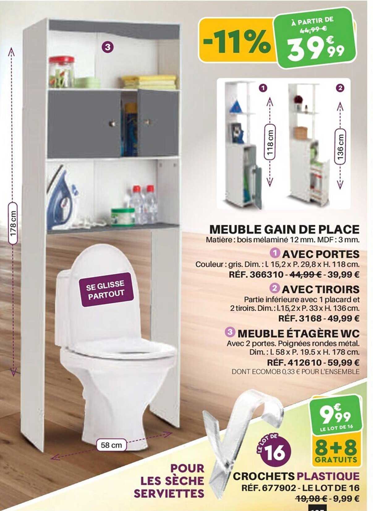 meuble gain de place, crochets plastique