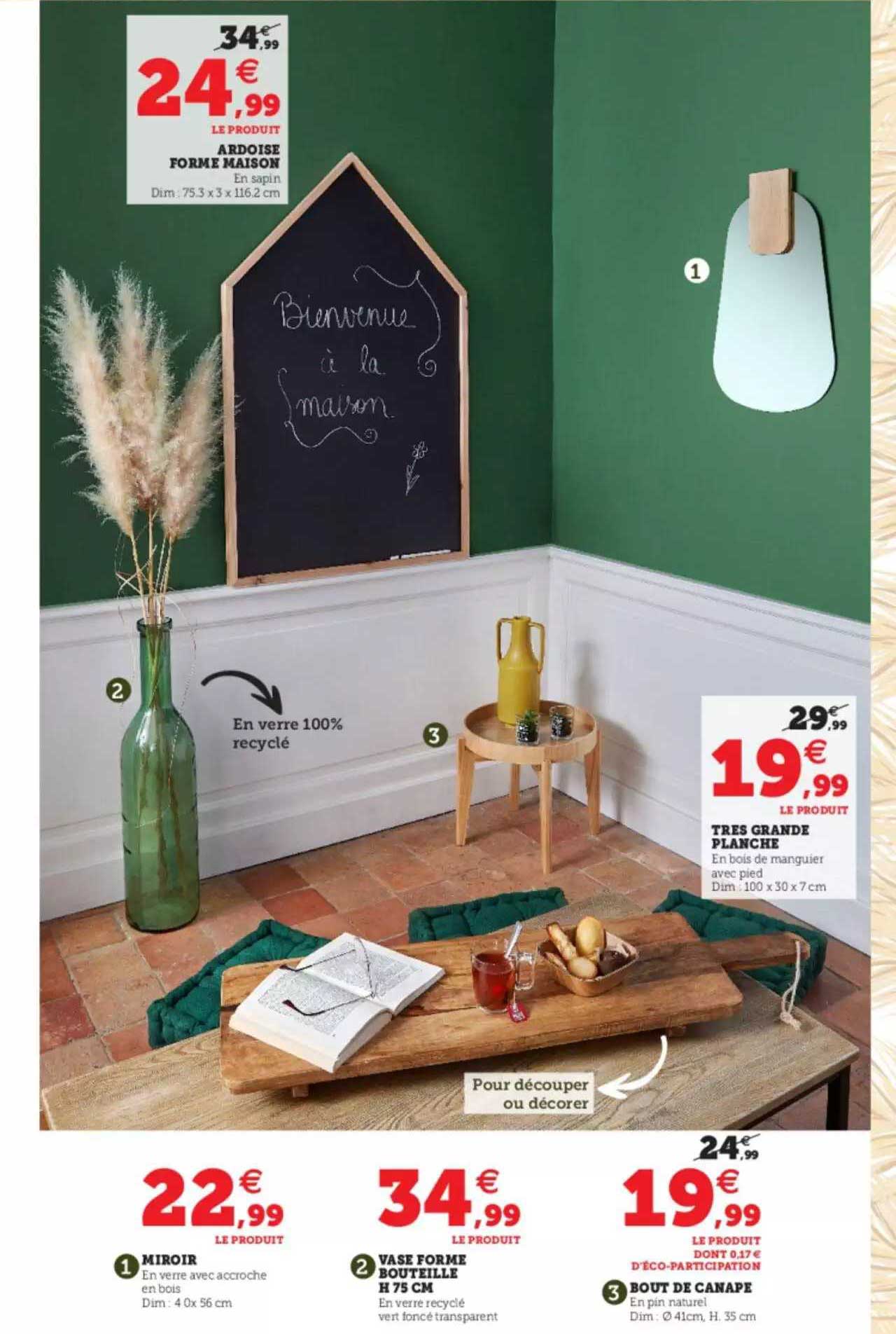 miroir, vase forme bouteille h. 75 cm, bout de canapé, très grande planche