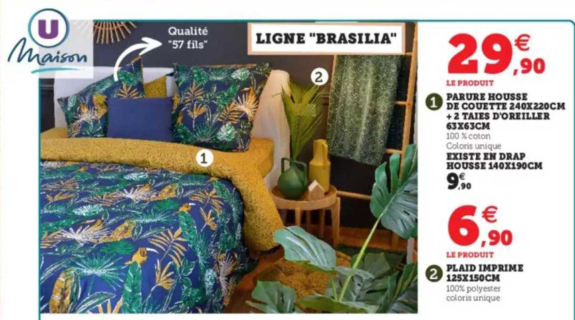 parure housse de couette 240 x 220 cm + 2 taies d'oreiller 63 x 63 cm, drap housse 140 x 190 cm, plaid imprimé 125 x 150 cm