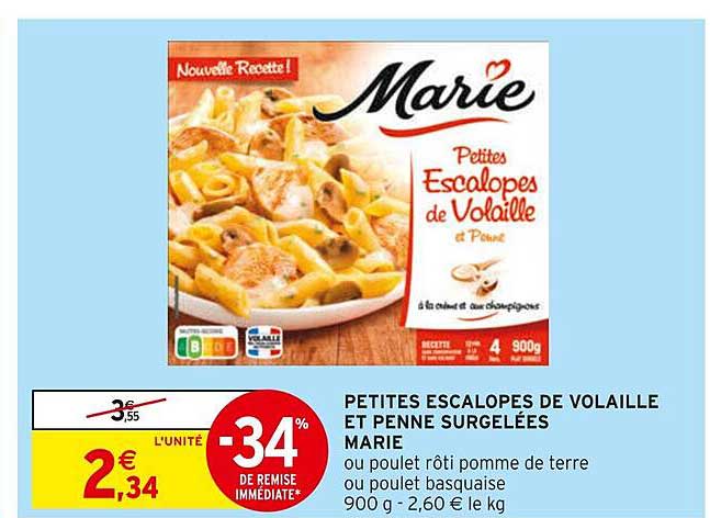 petites escalopes de volaille et penne surgelées marie