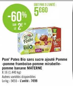 pom'potes bio sans sucre ajouté pomme-pomme framboise-pomme mirabelle-pomme banane materne
