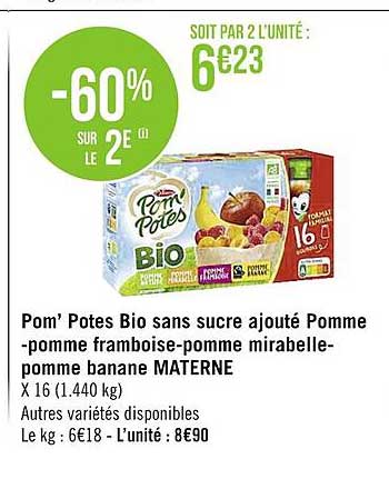 pom'potes bio sans sucres ajouté pomme-pomme framboise-pomme mirabelle-pomme banane materne