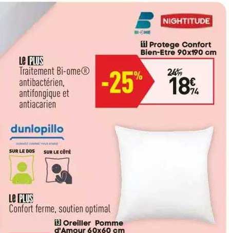 protège confort bien-être 90 x 190 cm, oreiller pomme d'amour 60 x 60 cm nighitude