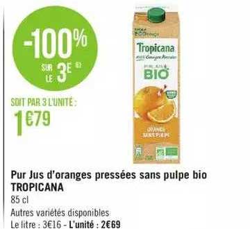 Pur Jus D'oranges Pressées Sans Pulpe Bio Tropicana