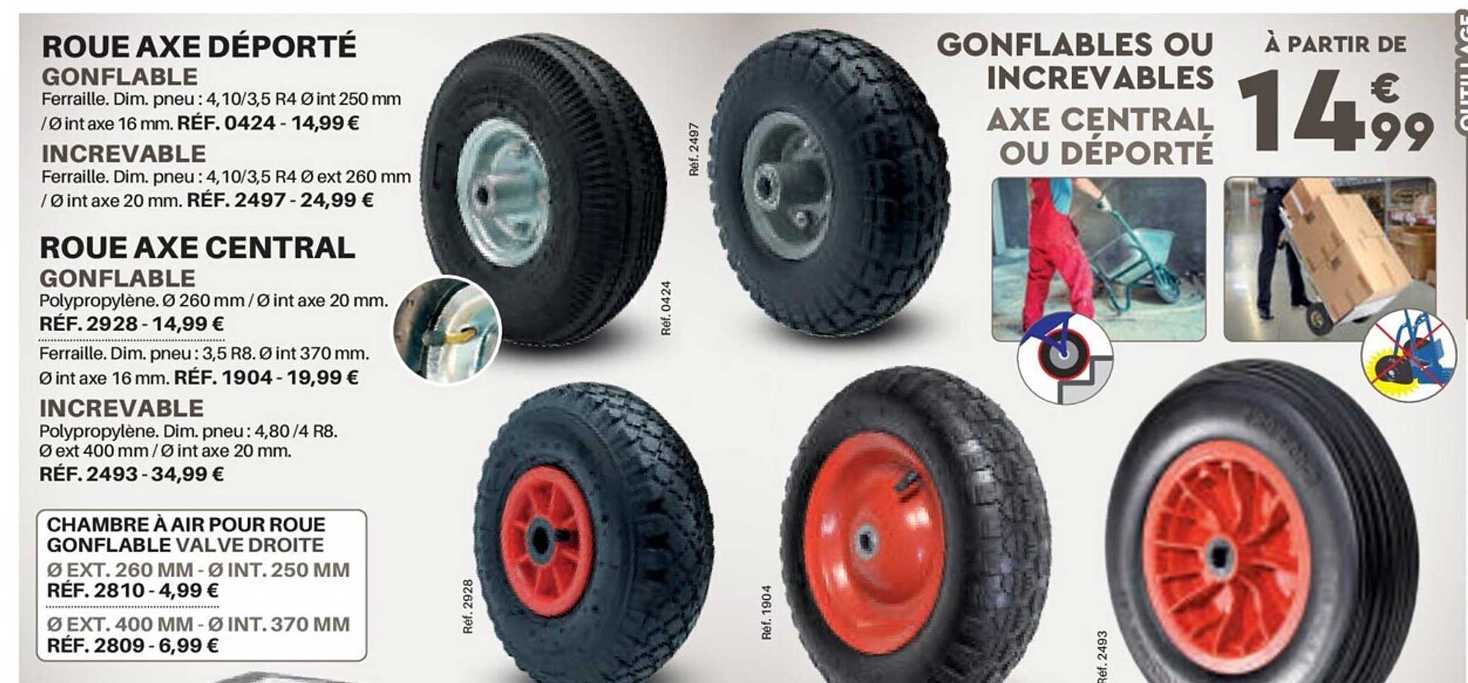 roue axe déporté, roue axe central, chambre à air pour roue gonflable valve droite