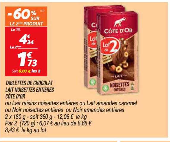 Tablettes Chocolat Lait Noisettes Entières Côte D'or