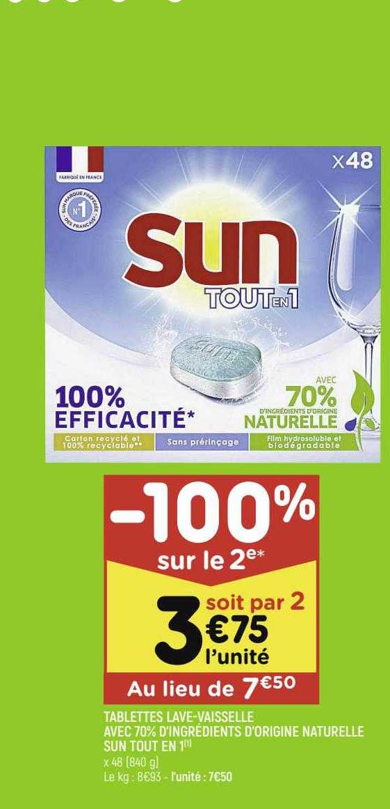 tablettes lave-vaisselle avec 70% d'ingrédients d'origine naturelle sun tout en 1