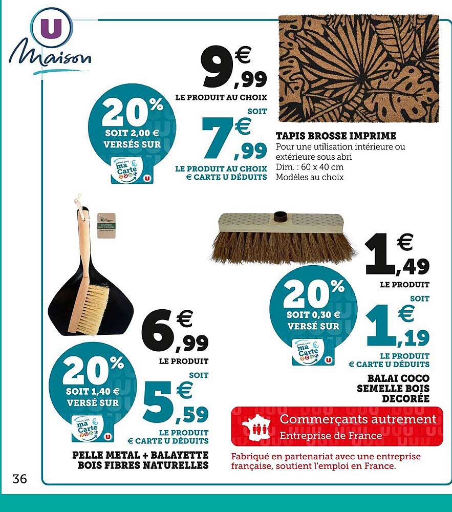 tapis brosse imprimé, pelle métal + balayette bois fibres naturelles, balai coco semelle bois décorée