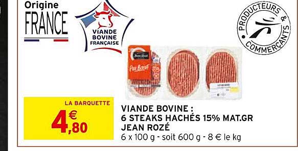 viande bovine : 6 steaks hachés 15% mat. gr. jean rozé