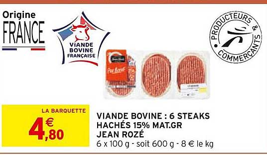 viande bovine : 6 steaks hachés 15% mat. gr. jean rozé