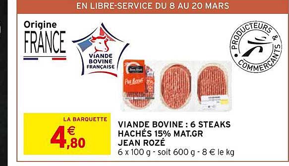 viande bovine : 6 steaks hachés 15% mat. gr. jean rozé