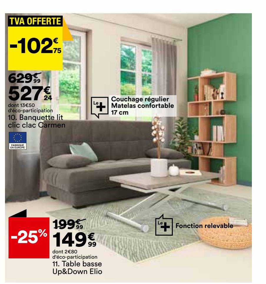 banquette lit clic clac carmen, table basse up & down elio