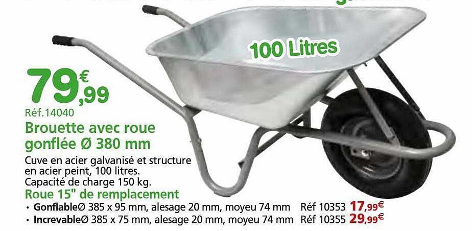 brouette avec roue gonflée ø 380 mm, roue 15" de remplacement