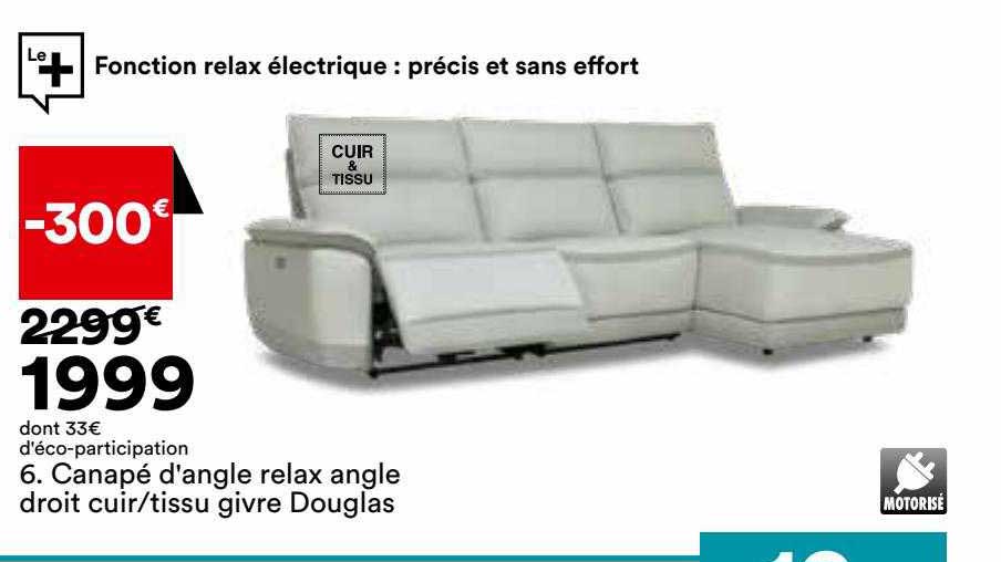 canapé d'angle relax angle droit cuir-tissu givre douglas