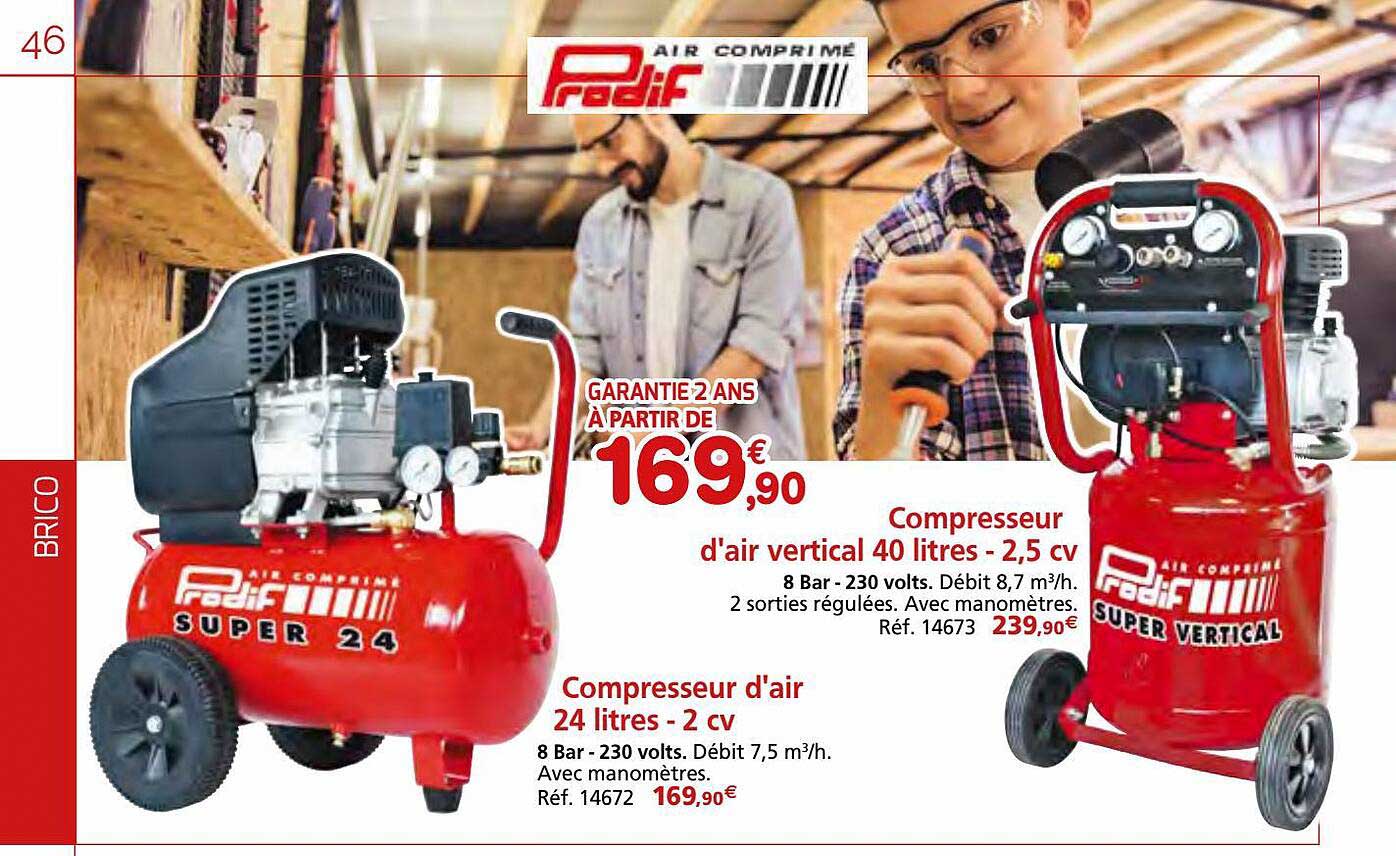 compresseur d'air 24 litres - 2 cv prodif super 24, compresseur d'air vertical 40 litres - 2,5 cv prodif super vertical