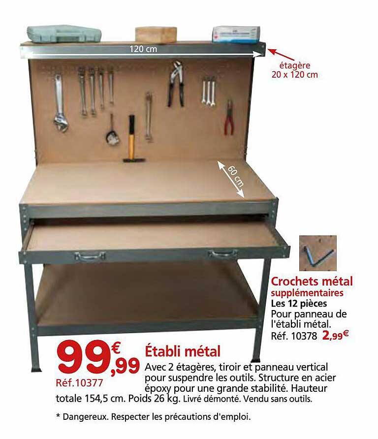 établi métal, crochets métal supplémentaires