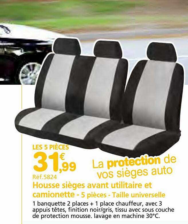 housse sièges avant utilitaire et camionette - 5 pièces - taille universelle