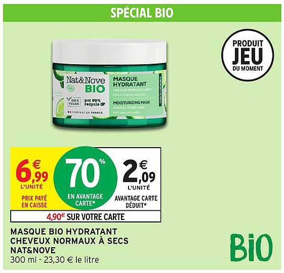 masque bio hydratant cheveux normaux à secs nat & nove