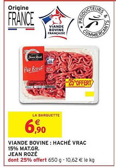 viande bovine : haché vrac 15% mat.gr. jean rozé