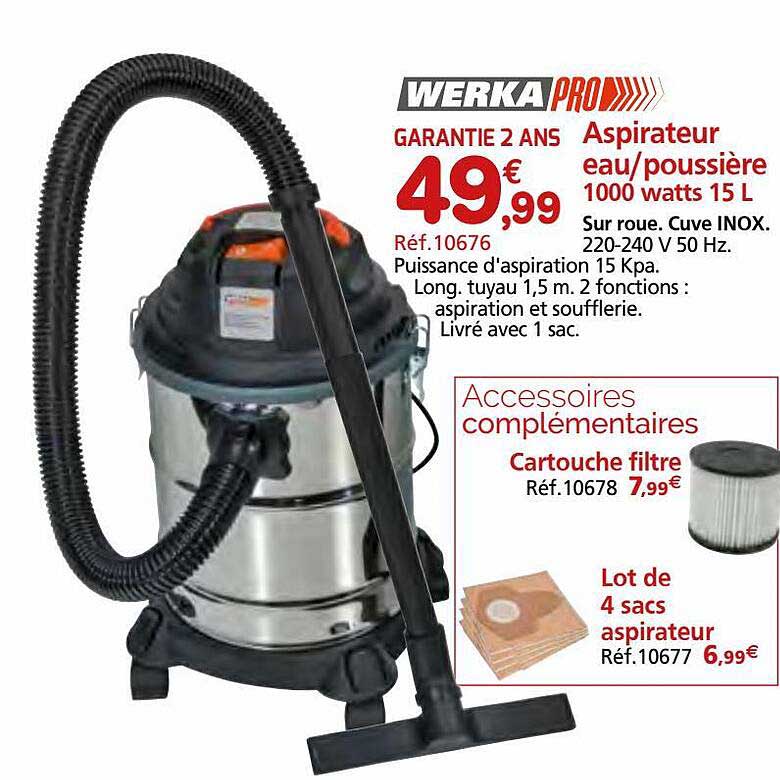 aspirateur eau-poussière 1000 watts 15l werka pro