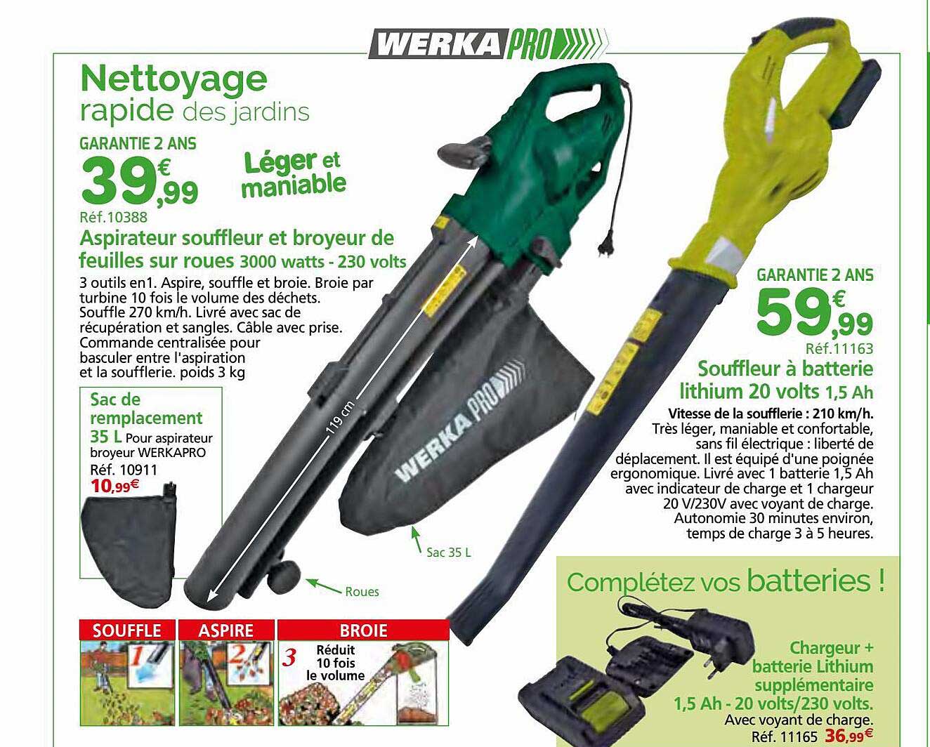 aspirateur souffleur et broyeur de feuilles sur roues 3000 watts - 230 volts werka pro, souffleur à batterie lithium 20 volts 1,5 ah