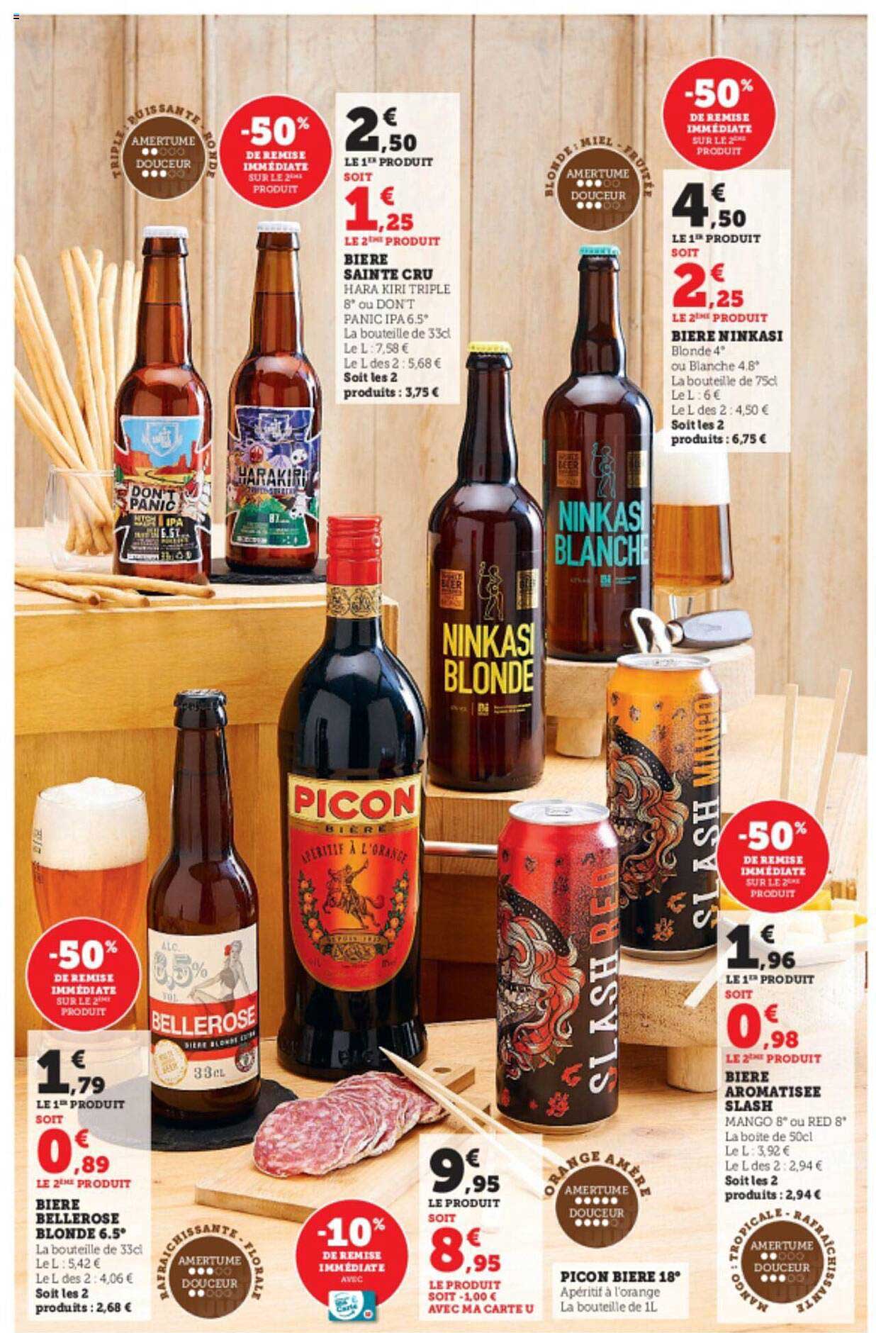 bière bellerose blonde 6.5°, picon bière 18°, bière aromatisée slash, bière minkasi, bière sainte cru