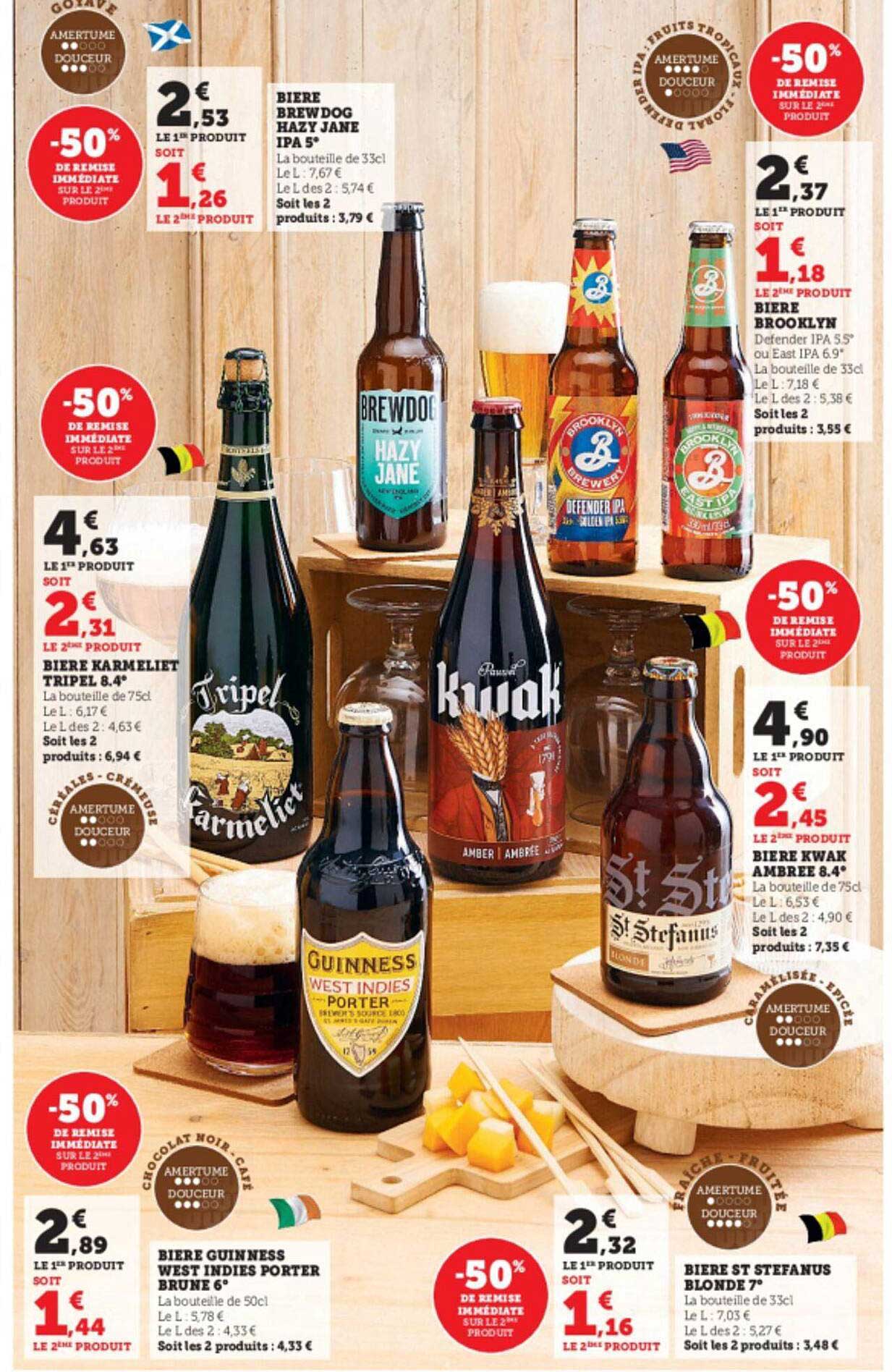 bière brewdog hazy jane ipa 5°, bière karmeliet tripel 8.4°, bière guinness west indies porter brune 6°, bière st stefanus blonde 7°, bière swak ambrée 8.4°, bière brooklyn