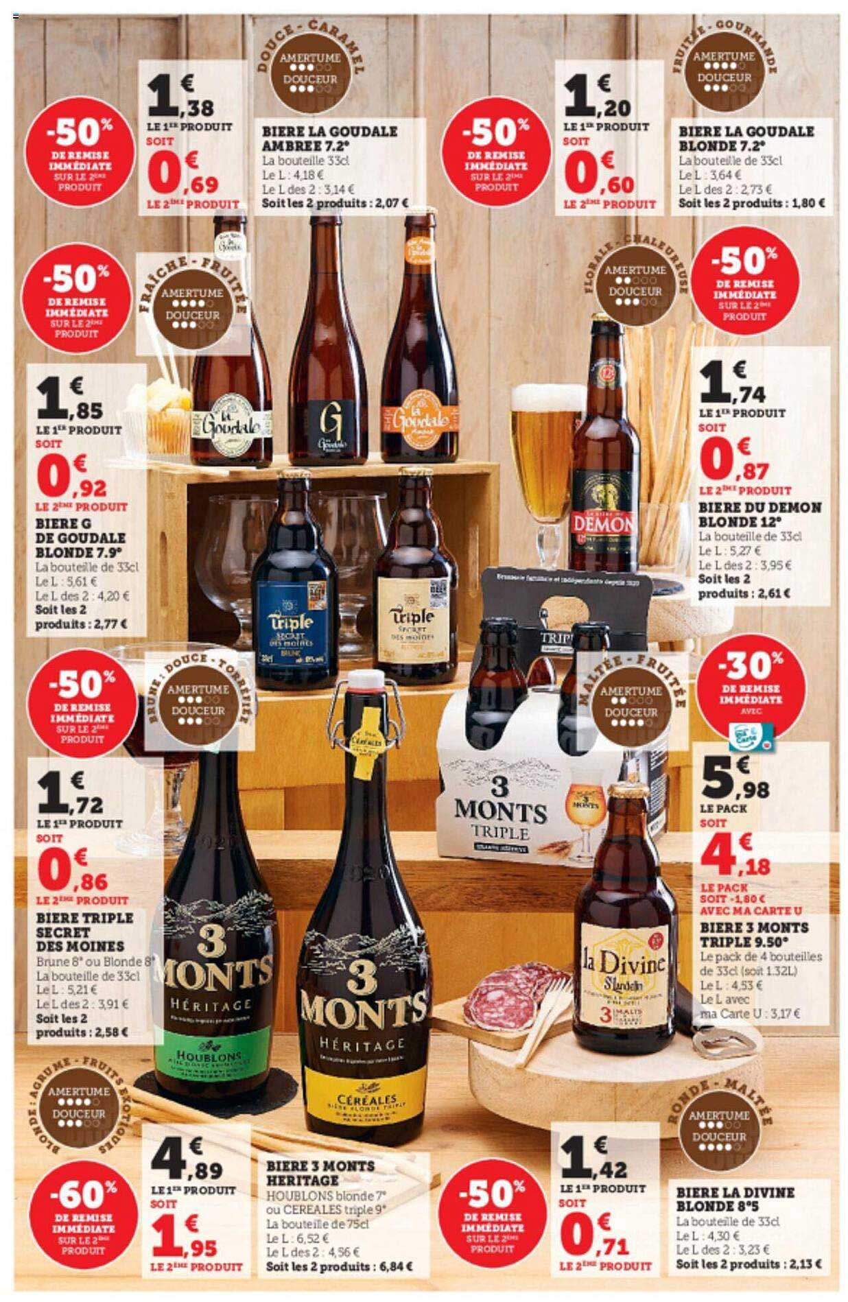 bière la goudale ambrée 7.2°, bière g de goudale blonde 7.9°, bière triple secret des moines, bière 3 monts héritage, bière la divine blonde 8.5°, bière 3 monts triple 9.50°, bière du démon blonde 12°