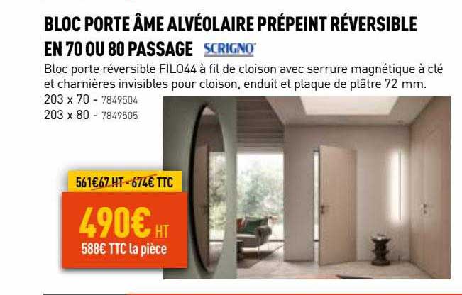 bloc porte âme alvéolaire prépeint réversible en 70 ou 80 passage scrigno