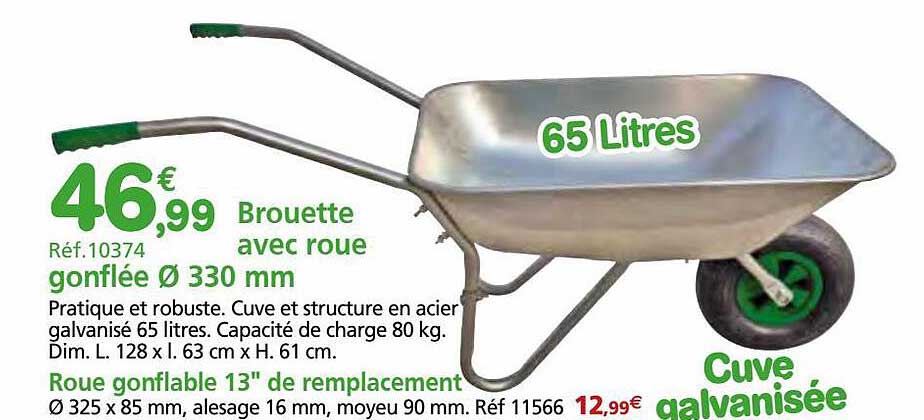 brouette avec roue gonflée ø 330 mm, roue gonflable 13" de remplacement