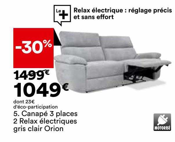 Canapé 3 Places 2 Relax électriques Gris Clair Orion
