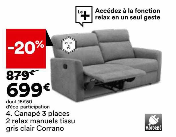 canapé 3 places 2 relax manuels tissu gris clair corrano