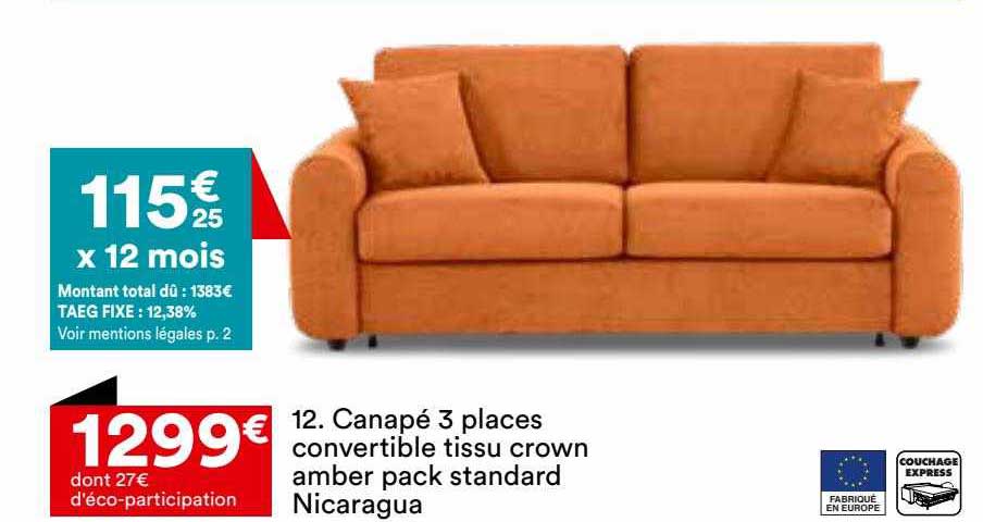 canapé 3 places convertible tissu crown amber pack standard nicaragua