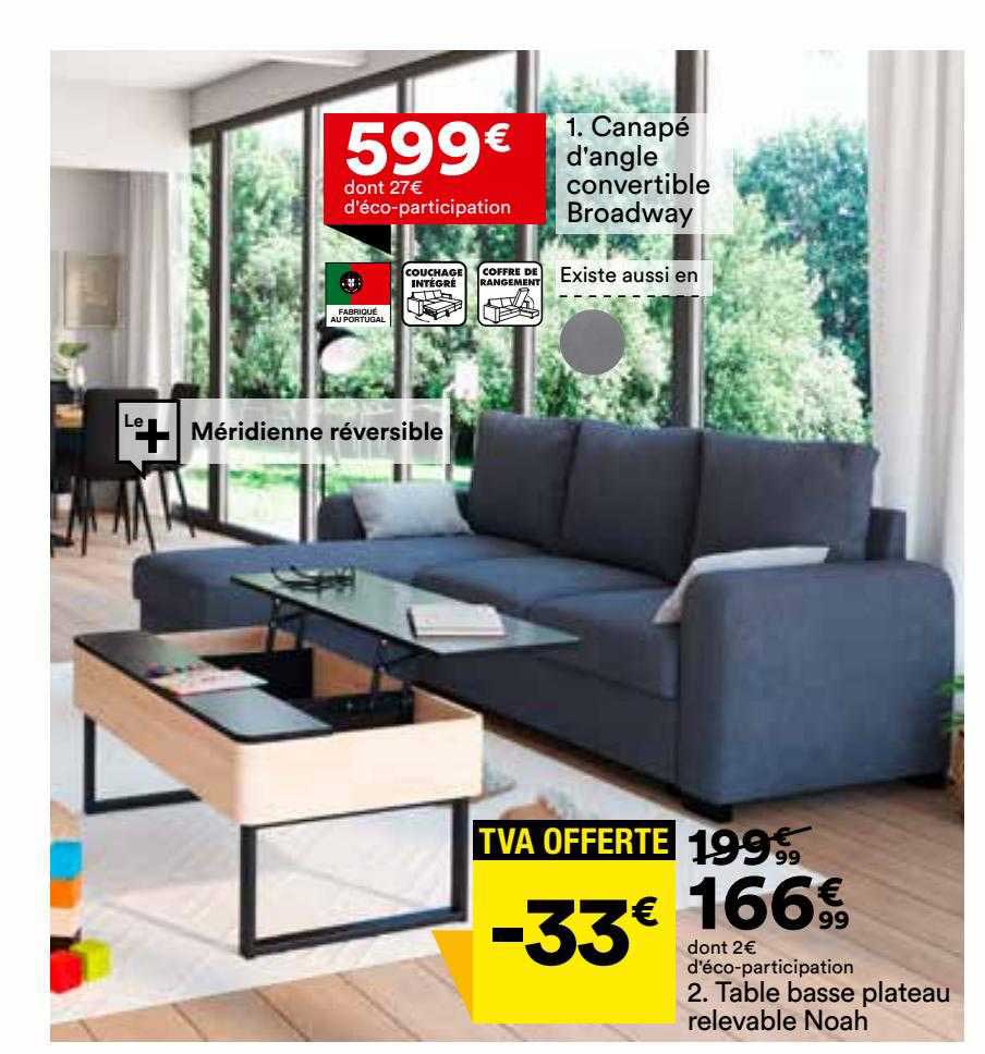 canapé d'angle convertible broadway, table basse plateau relevable noah