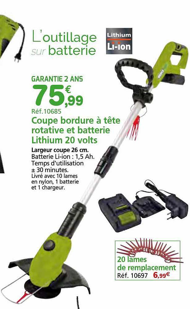 coupe bordure à tête rotative et batterie lithium 20 volts
