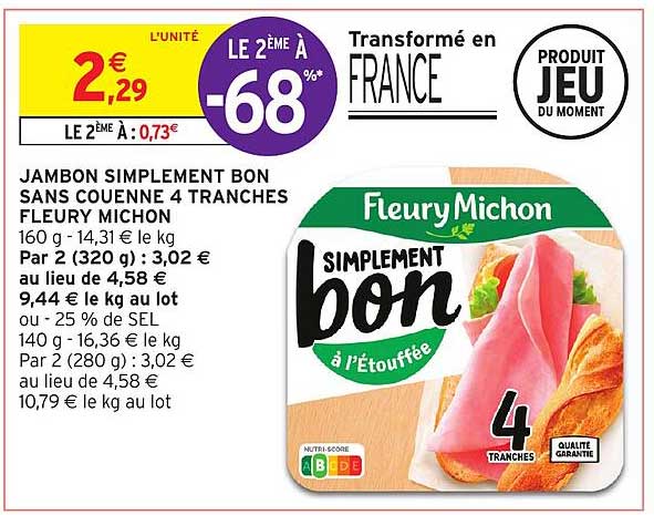 jambon simplement bon sans couenne 4 tranches fleury michon
