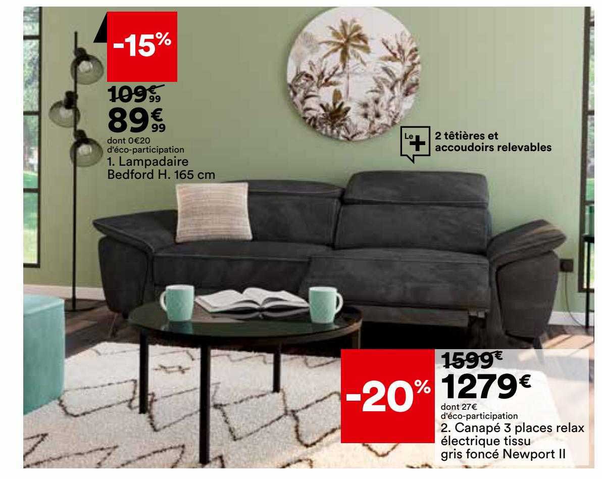 lampadaire bedford h. 166 cm, canapé 3 places relax électrique tissu gris foncé newport II