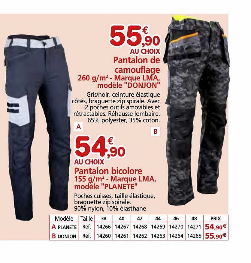 pantalon de camouflage 260 g-m² - marque lma, modèle "donjon", pantalon bicolore 155 g-m² - marque lma, modèle "planète"