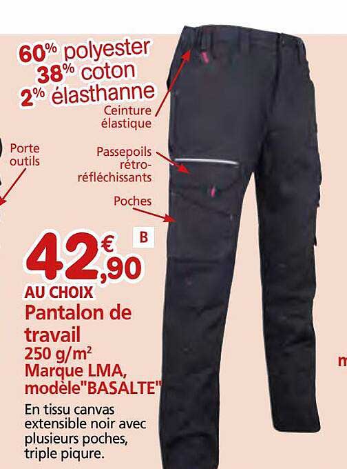 pantalon de travail 250 g-m² marque lma, modèle "basalte"