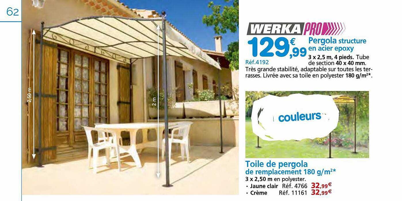 pergola structure en acier epoxy werka pro, toile de pergola de remmplacement 180 g-m² werka pro