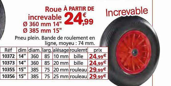 roue increvable ø 360 mm 14", ø 385 mm 15"