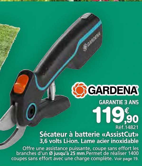 sécateur à batterie «assistcut» 3,6 volts li-ion, lame acier inoxidable gardena